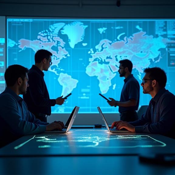 Equipo de ingenieros de Tridente Azul colaborando sobre un mapa digital marítimo.